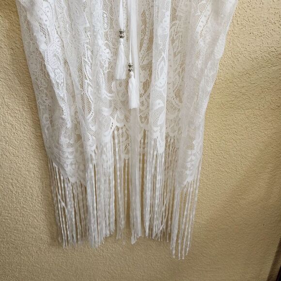 Women’s One Size Lace Swimsuit CoverUp Kimono White New Sheer Mesh Fringed Midi - Picture 6 of 11